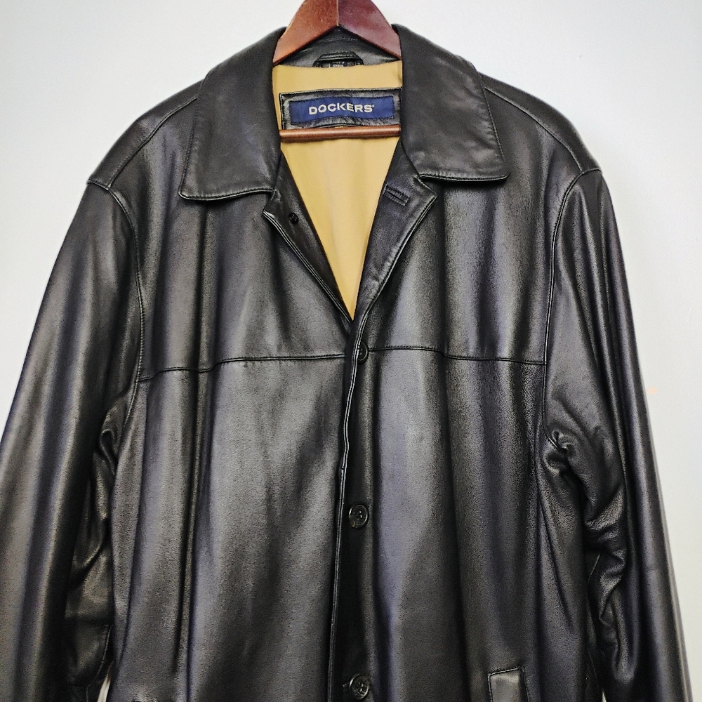 SOLD Dockers Black Lamb Leather Button Up Coat Jacket Mens Size Large - Picture 3 of 16
